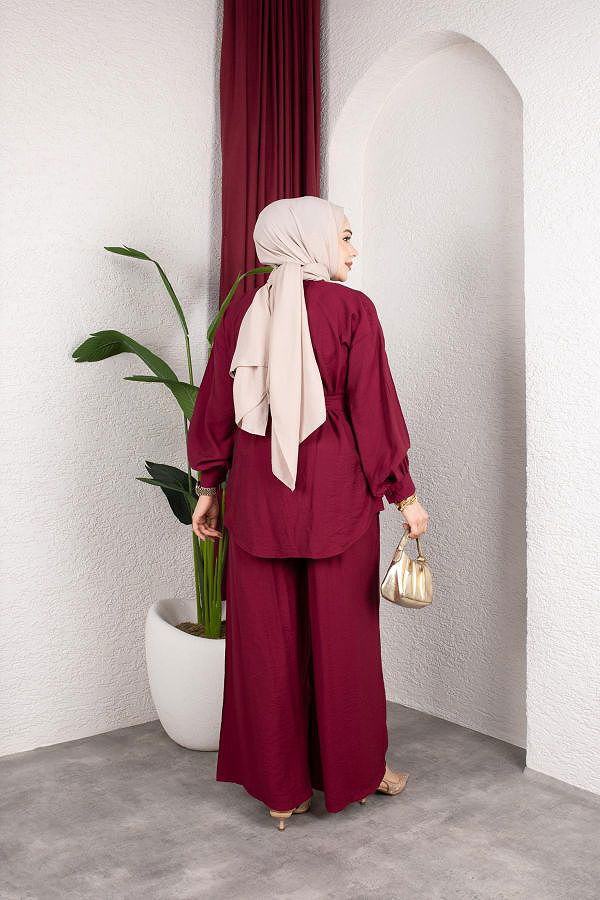 Önden Düğmeli Kuşaklı İkili Takım-8231 Bordo