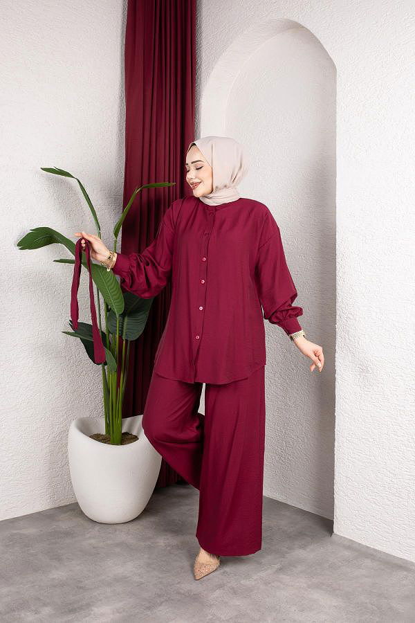 Önden Düğmeli Kuşaklı İkili Takım-8231 Bordo