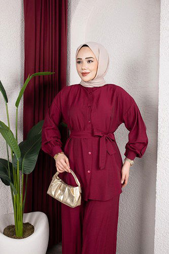 Önden Düğmeli Kuşaklı İkili Takım-8231 Bordo - Thumbnail