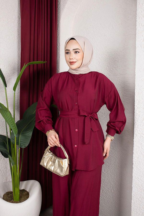 Önden Düğmeli Kuşaklı İkili Takım-8231 Bordo