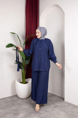 Önden Düğmeli Kuşaklı İkili Takım-8231 Lacivert - Thumbnail