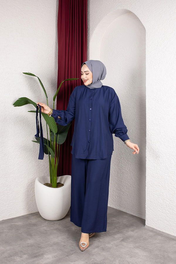 Önden Düğmeli Kuşaklı İkili Takım-8231 Lacivert