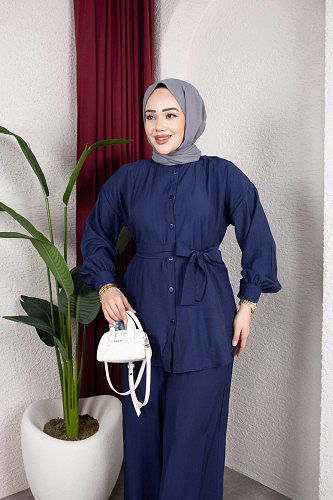 Önden Düğmeli Kuşaklı İkili Takım-8231 Lacivert - Thumbnail