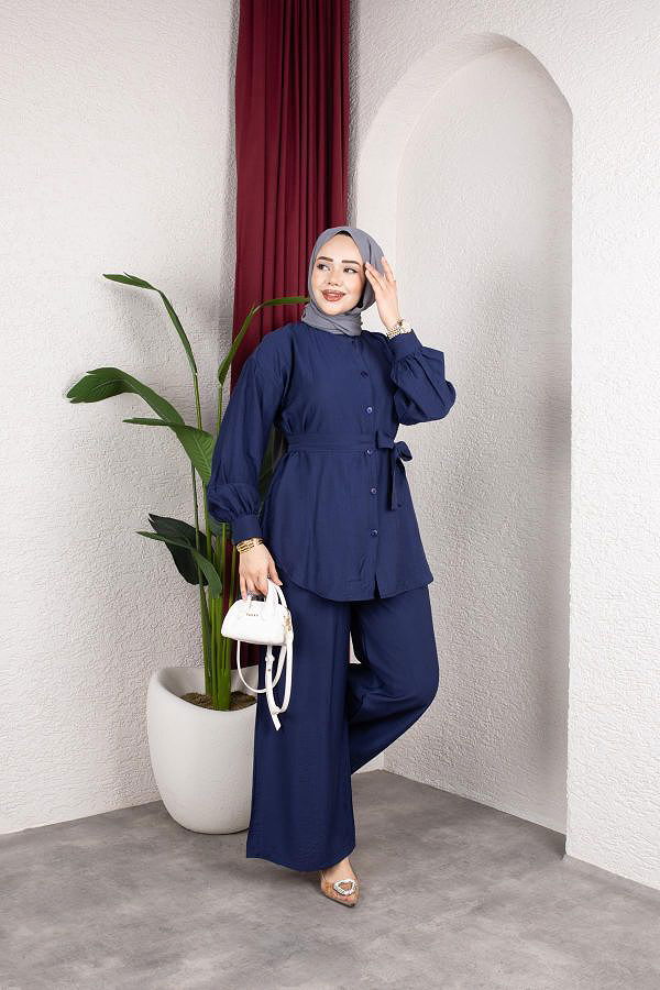 Önden Düğmeli Kuşaklı İkili Takım-8231 Lacivert