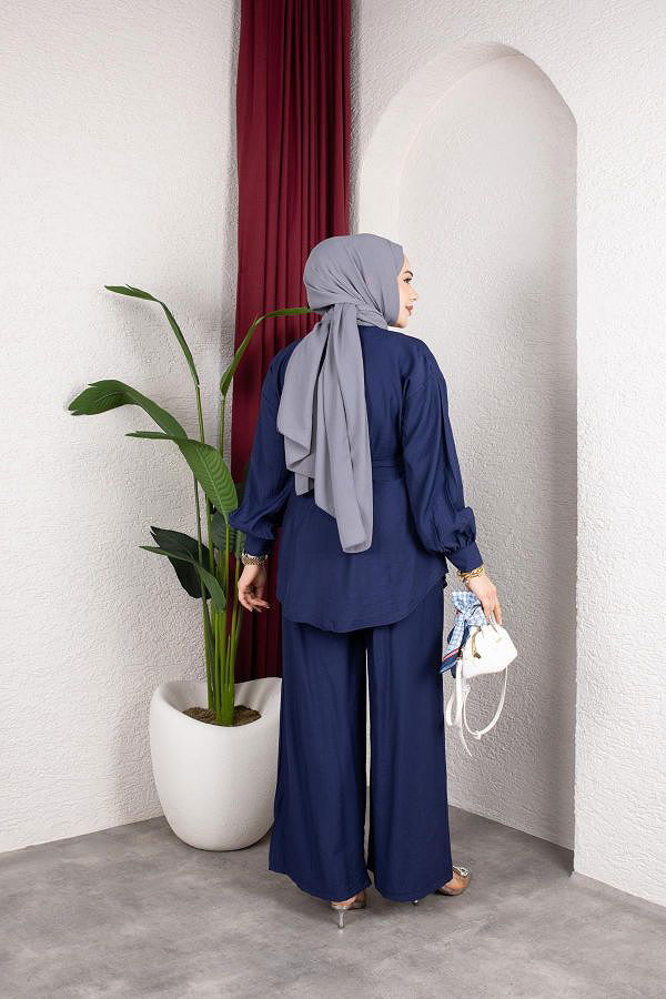 Önden Düğmeli Kuşaklı İkili Takım-8231 Lacivert