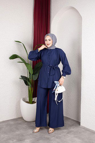 Önden Düğmeli Kuşaklı İkili Takım-8231 Lacivert - Thumbnail