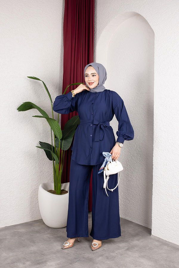 Önden Düğmeli Kuşaklı İkili Takım-8231 Lacivert