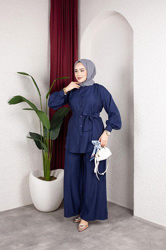 Önden Düğmeli Kuşaklı İkili Takım-8231 Lacivert - Thumbnail