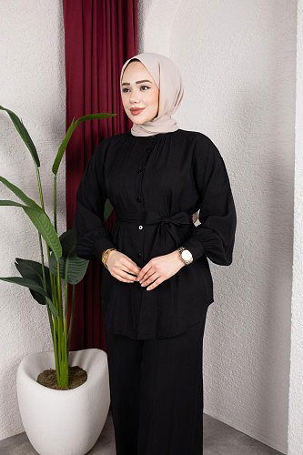 Önden Düğmeli Kuşaklı İkili Takım-8231 Siyah - Thumbnail