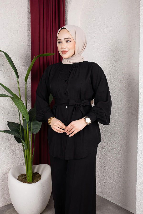 Önden Düğmeli Kuşaklı İkili Takım-8231 Siyah