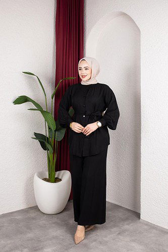 Önden Düğmeli Kuşaklı İkili Takım-8231 Siyah - Thumbnail