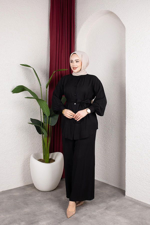 Önden Düğmeli Kuşaklı İkili Takım-8231 Siyah