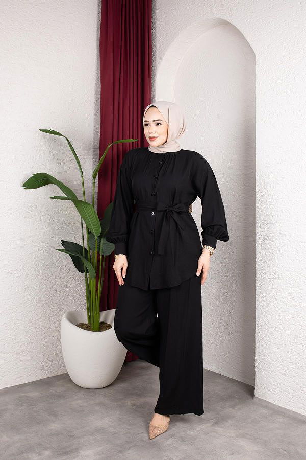 Önden Düğmeli Kuşaklı İkili Takım-8231 Siyah