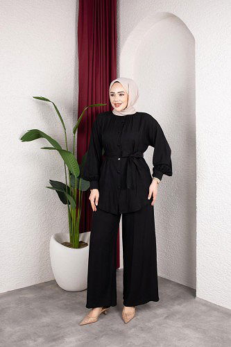 Önden Düğmeli Kuşaklı İkili Takım-8231 Siyah - Thumbnail