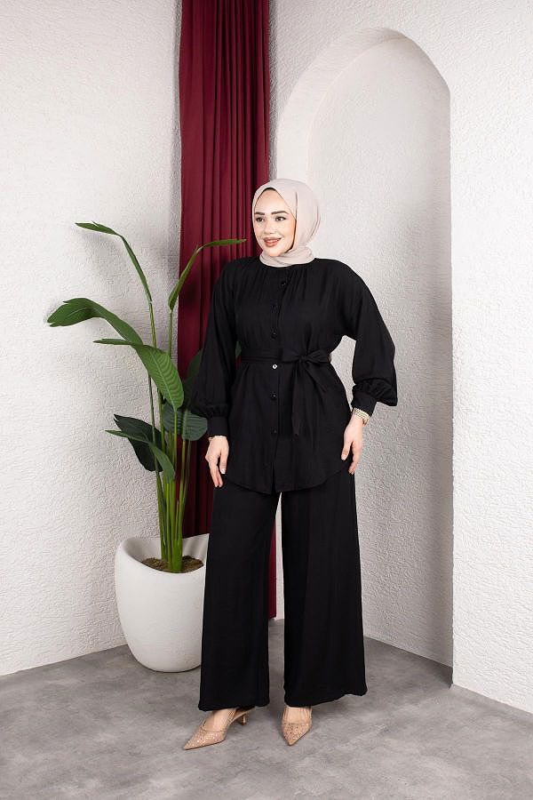 Önden Düğmeli Kuşaklı İkili Takım-8231 Siyah