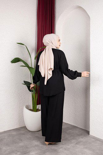 Önden Düğmeli Kuşaklı İkili Takım-8231 Siyah - Thumbnail