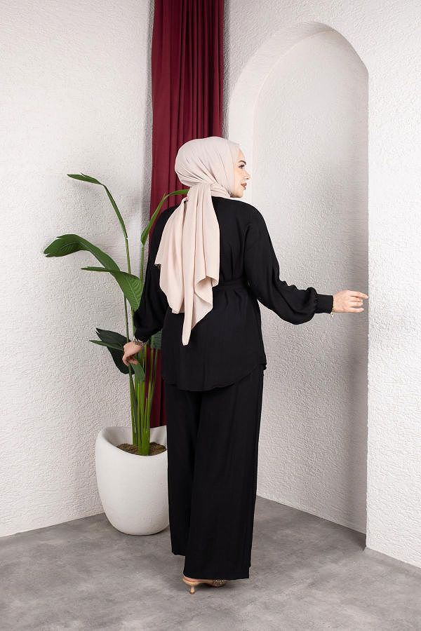 Önden Düğmeli Kuşaklı İkili Takım-8231 Siyah