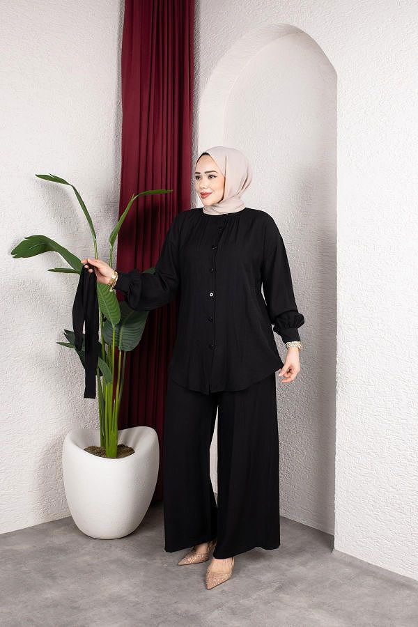 Önden Düğmeli Kuşaklı İkili Takım-8231 Siyah