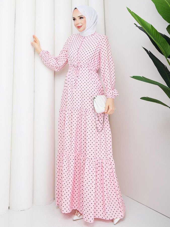 Önden Düğmeli Puantiye Tesettür Elbise-5115 Açık Pembe