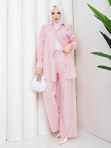 Modaebva - Önden Düğmeli Puantiyeli İkili Takım-5217 Pembe