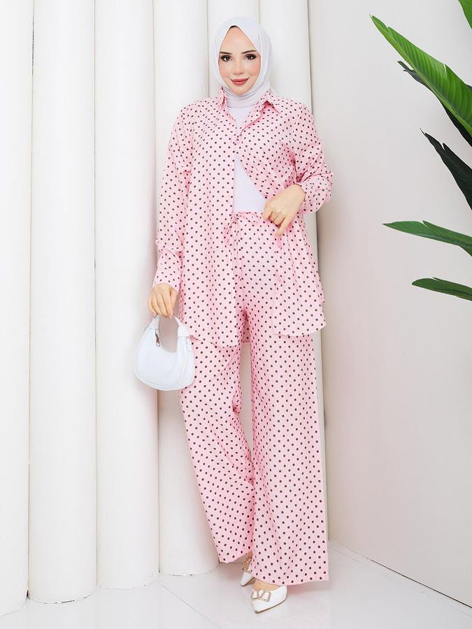 Önden Düğmeli Puantiyeli İkili Takım-5217 Pembe