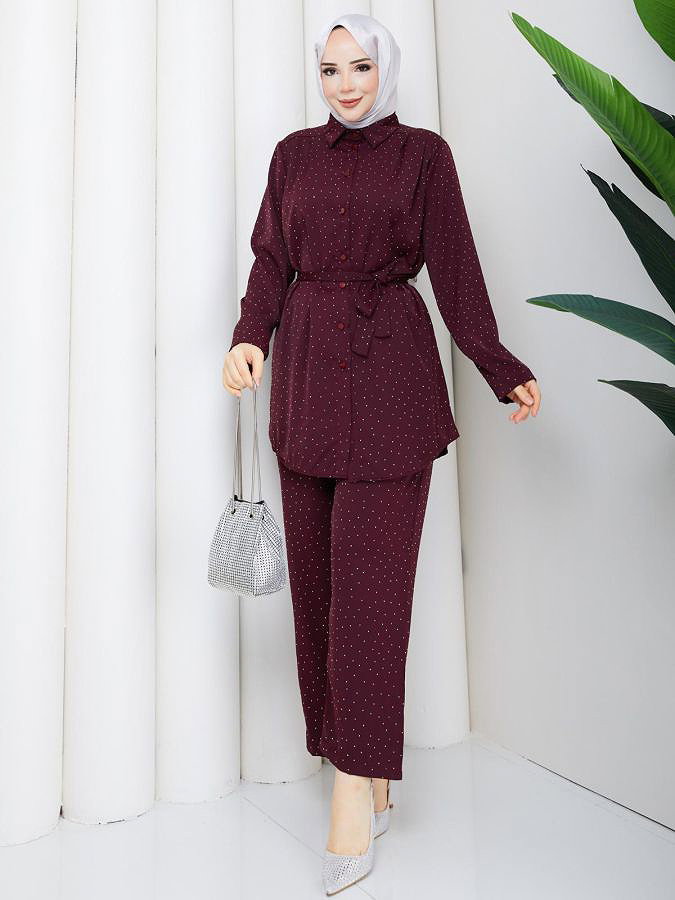 Önden Düğmeli Taşlı İkili Takım-5192 Bordo