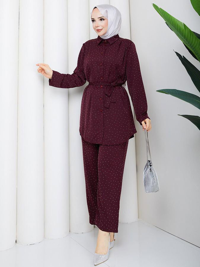 Önden Düğmeli Taşlı İkili Takım-5192 Bordo