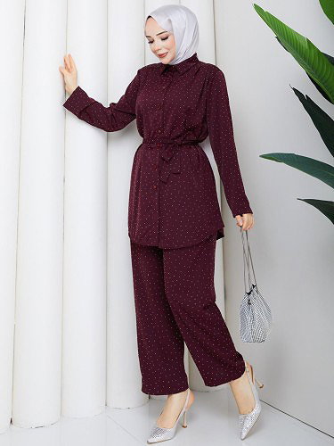 Önden Düğmeli Taşlı İkili Takım-5192 Bordo - Thumbnail