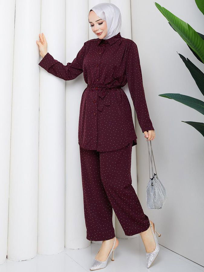 Önden Düğmeli Taşlı İkili Takım-5192 Bordo