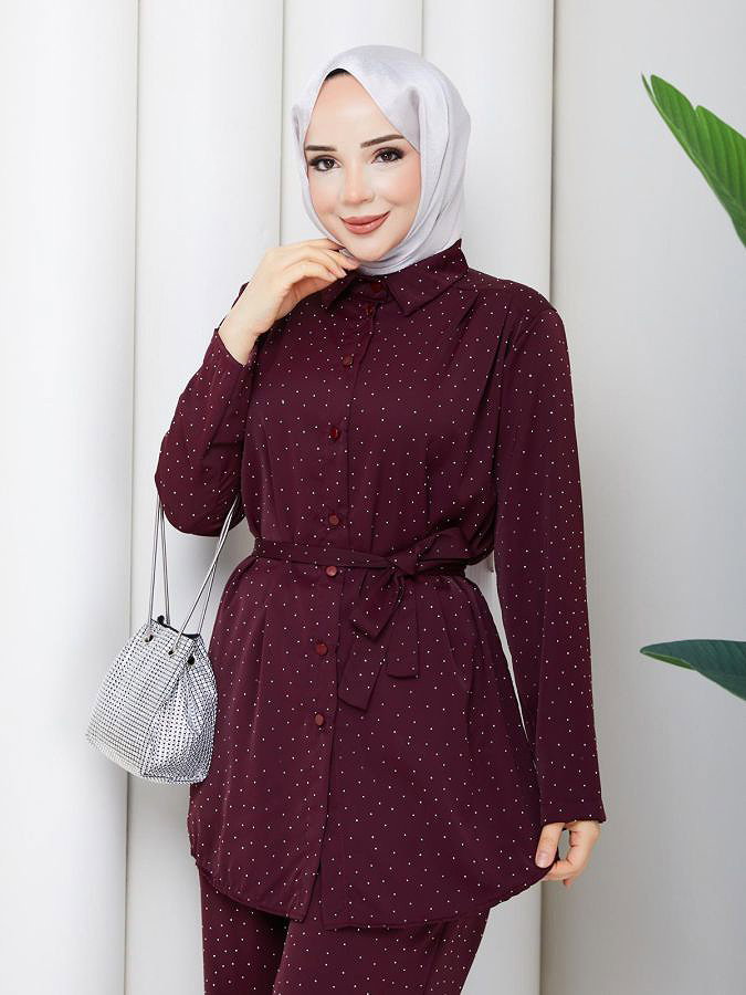 Önden Düğmeli Taşlı İkili Takım-5192 Bordo