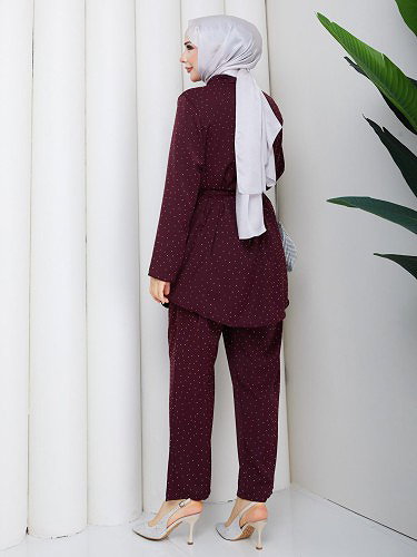 Önden Düğmeli Taşlı İkili Takım-5192 Bordo - Thumbnail