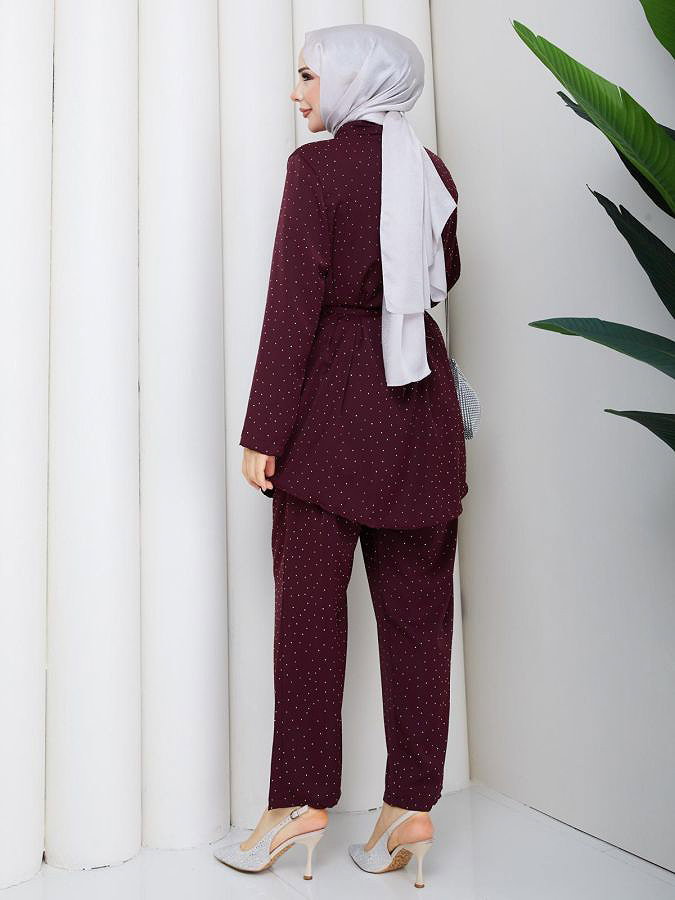 Önden Düğmeli Taşlı İkili Takım-5192 Bordo