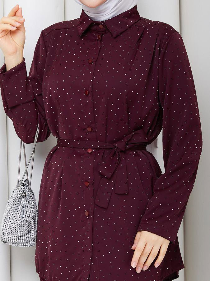 Önden Düğmeli Taşlı İkili Takım-5192 Bordo