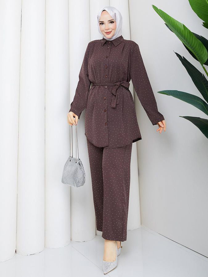 Önden Düğmeli Taşlı İkili Takım-5192 Kahve rengi