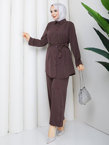 Önden Düğmeli Taşlı İkili Takım-5192 Kahve rengi - Thumbnail