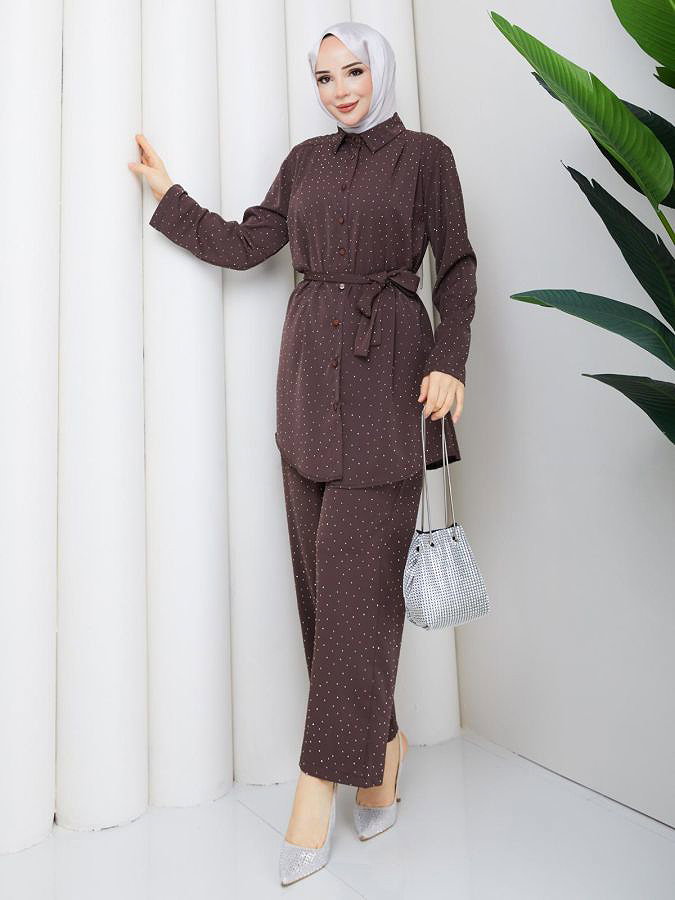 Önden Düğmeli Taşlı İkili Takım-5192 Kahve rengi