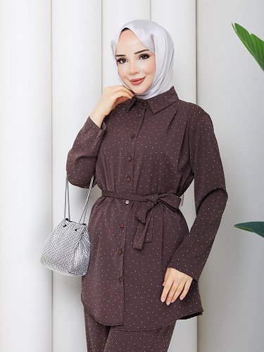 Önden Düğmeli Taşlı İkili Takım-5192 Kahve rengi - Thumbnail