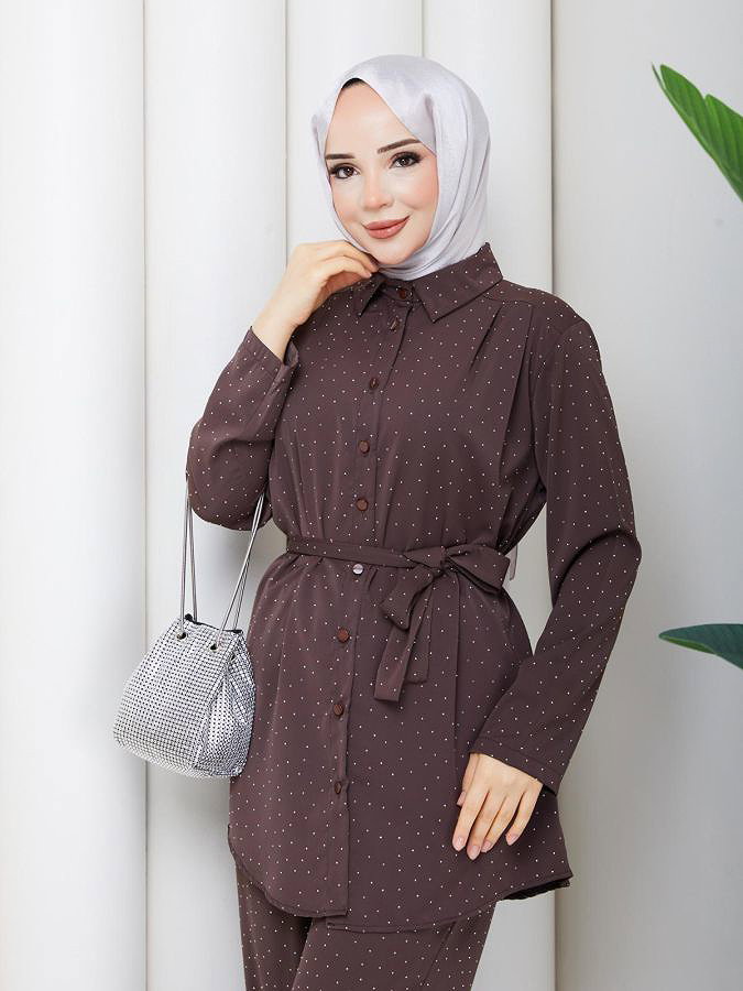 Önden Düğmeli Taşlı İkili Takım-5192 Kahve rengi