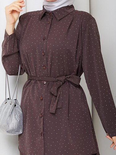 Önden Düğmeli Taşlı İkili Takım-5192 Kahve rengi - Thumbnail