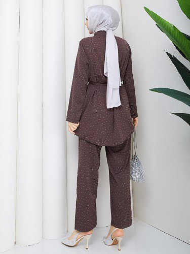 Önden Düğmeli Taşlı İkili Takım-5192 Kahve rengi - Thumbnail