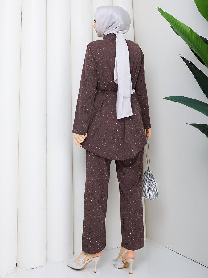 Önden Düğmeli Taşlı İkili Takım-5192 Kahve rengi
