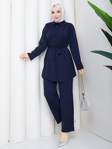 Önden Düğmeli Taşlı İkili Takım-5192 Lacivert - Thumbnail