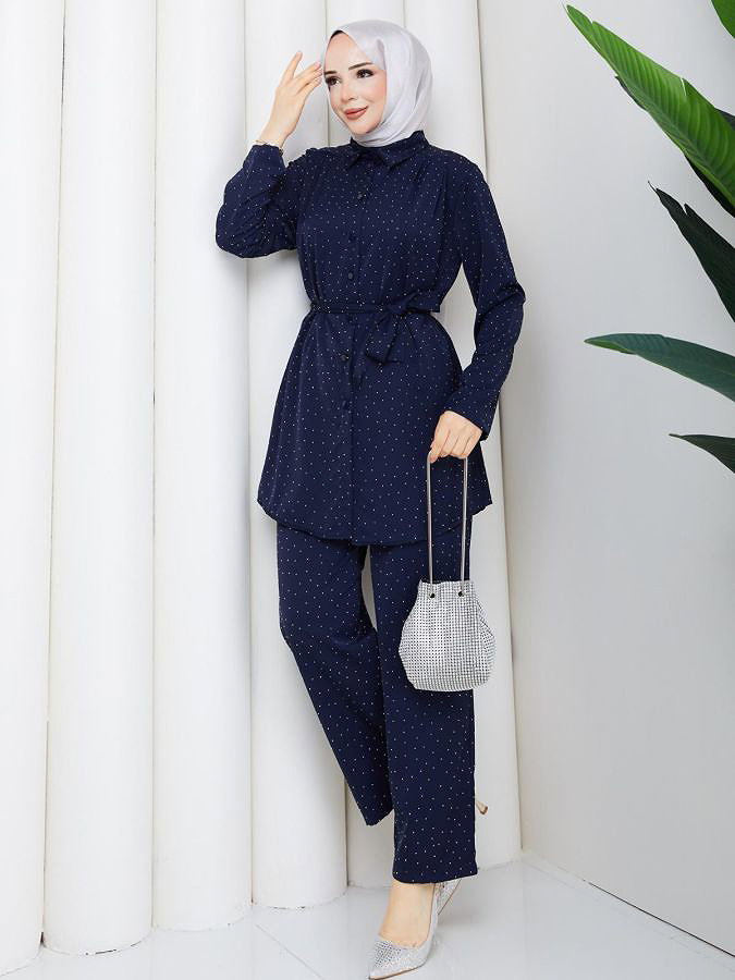 Önden Düğmeli Taşlı İkili Takım-5192 Lacivert