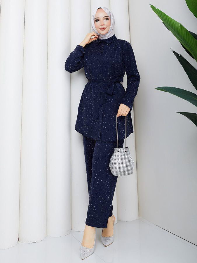Önden Düğmeli Taşlı İkili Takım-5192 Lacivert