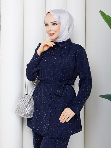 Önden Düğmeli Taşlı İkili Takım-5192 Lacivert - Thumbnail