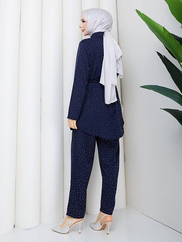 Önden Düğmeli Taşlı İkili Takım-5192 Lacivert - Thumbnail