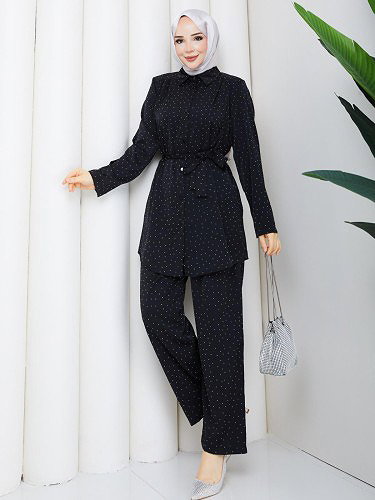 Önden Düğmeli Taşlı İkili Takım-5192 Siyah - Thumbnail