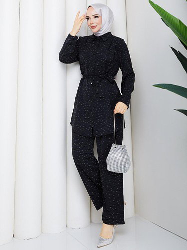 Önden Düğmeli Taşlı İkili Takım-5192 Siyah - Thumbnail