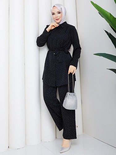 Önden Düğmeli Taşlı İkili Takım-5192 Siyah - Thumbnail