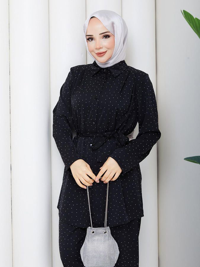 Önden Düğmeli Taşlı İkili Takım-5192 Siyah